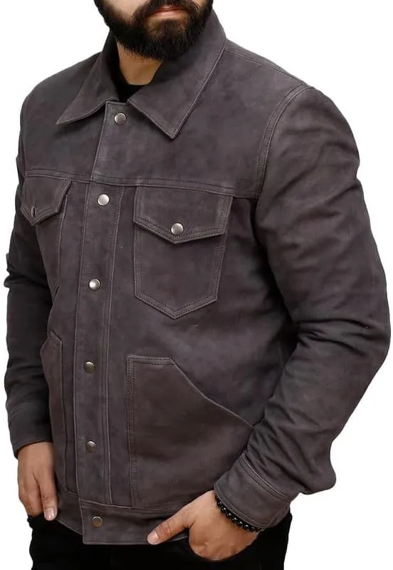 Men's Real Lambskin Trucker Leather Jacket - Classic Vintage Western Style Shirt Collar Leather Jackets Men
