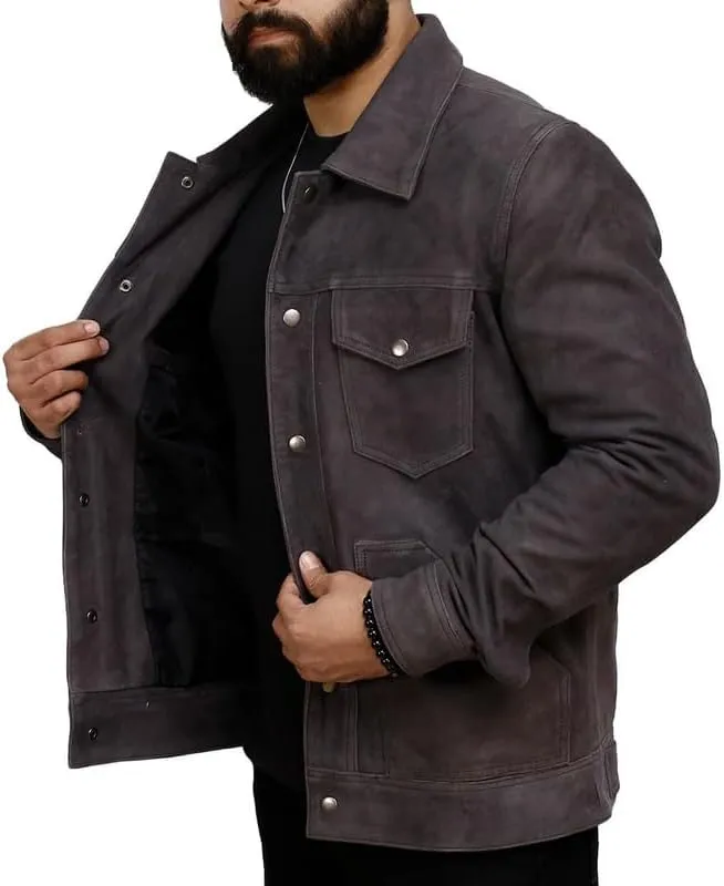 Men's Real Lambskin Trucker Leather Jacket - Classic Vintage Western Style Shirt Collar Leather Jackets Men