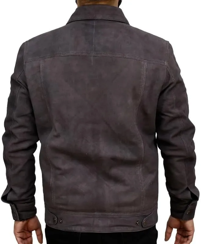 Men's Real Lambskin Trucker Leather Jacket - Classic Vintage Western Style Shirt Collar Leather Jackets Men