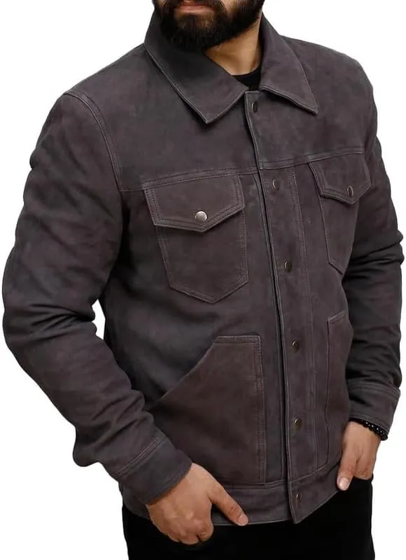 Men's Real Lambskin Trucker Leather Jacket - Classic Vintage Western Style Shirt Collar Leather Jackets Men