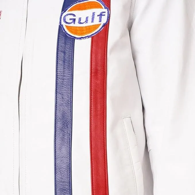 Mens Steve McQueen Jacket Le Mans Multi Colors Gulf Stripes Racing Biker Leather Jacket