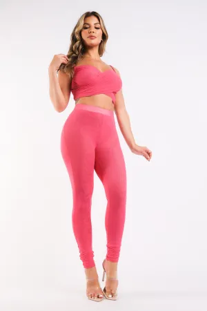 Mesh Contrast Pants Sets Casual Sports Strappy Sleeve Top & Leggings