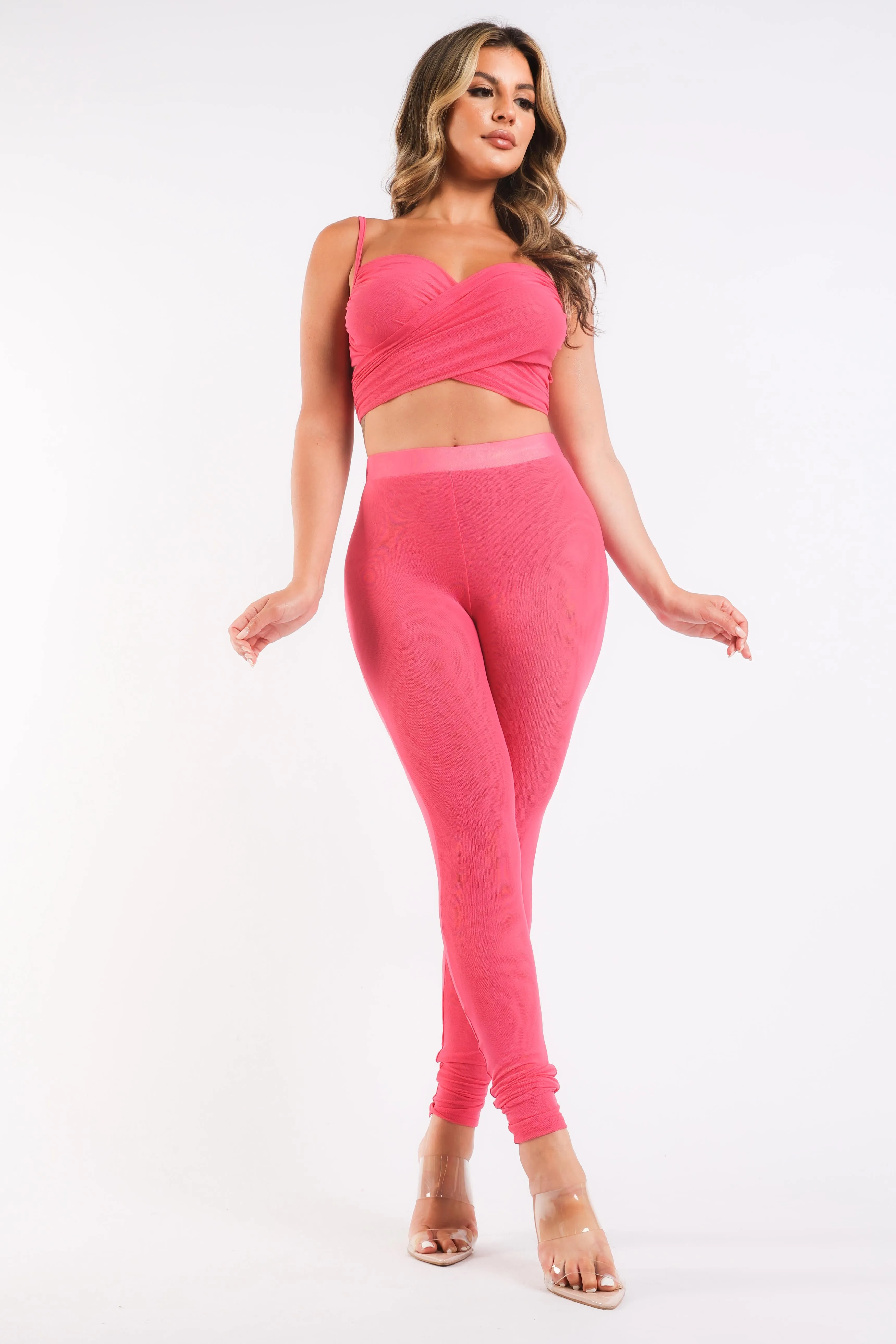 Mesh Contrast Pants Sets Casual Sports Strappy Sleeve Top & Leggings