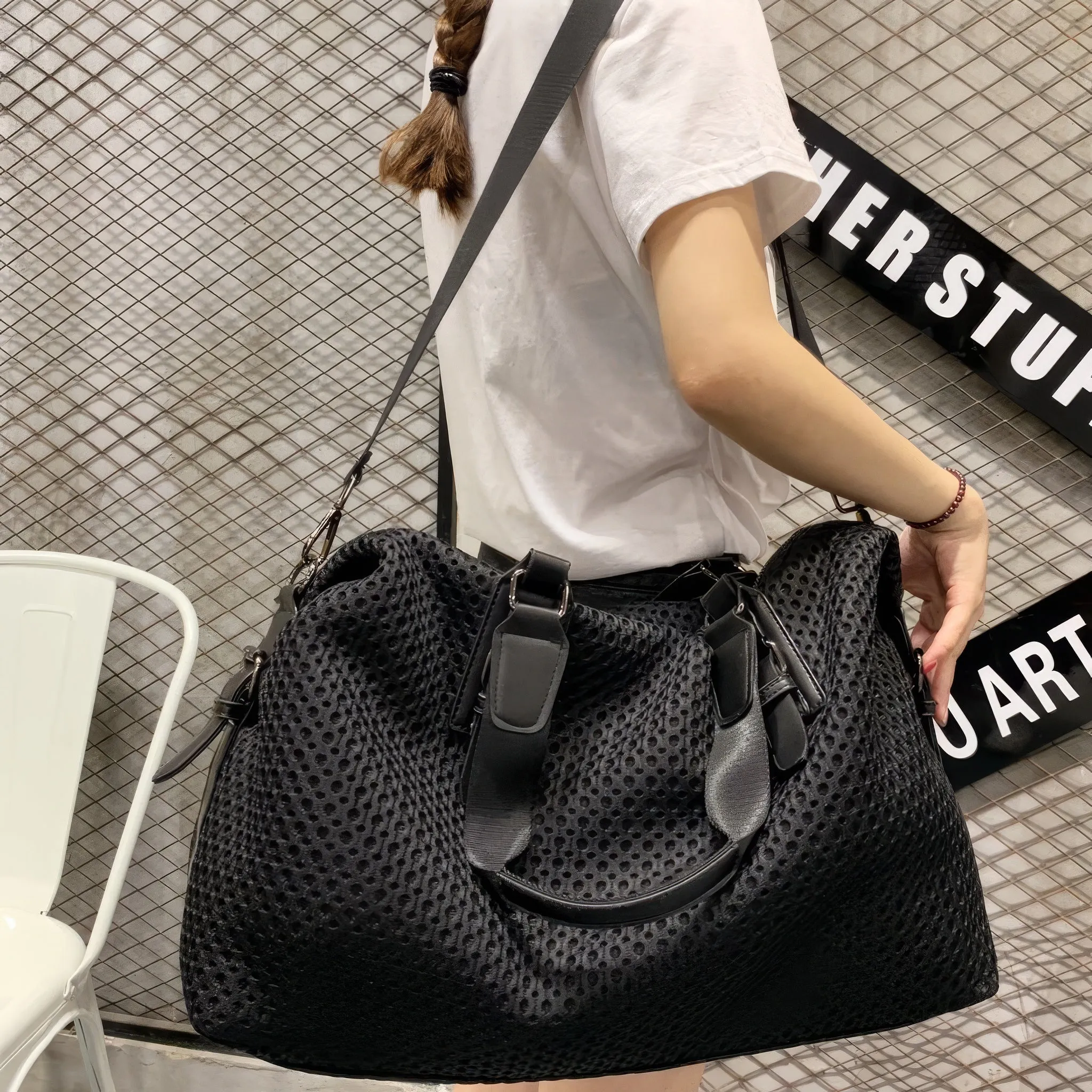 Mesh Panel Dual Strap Travel Duffel Bag
