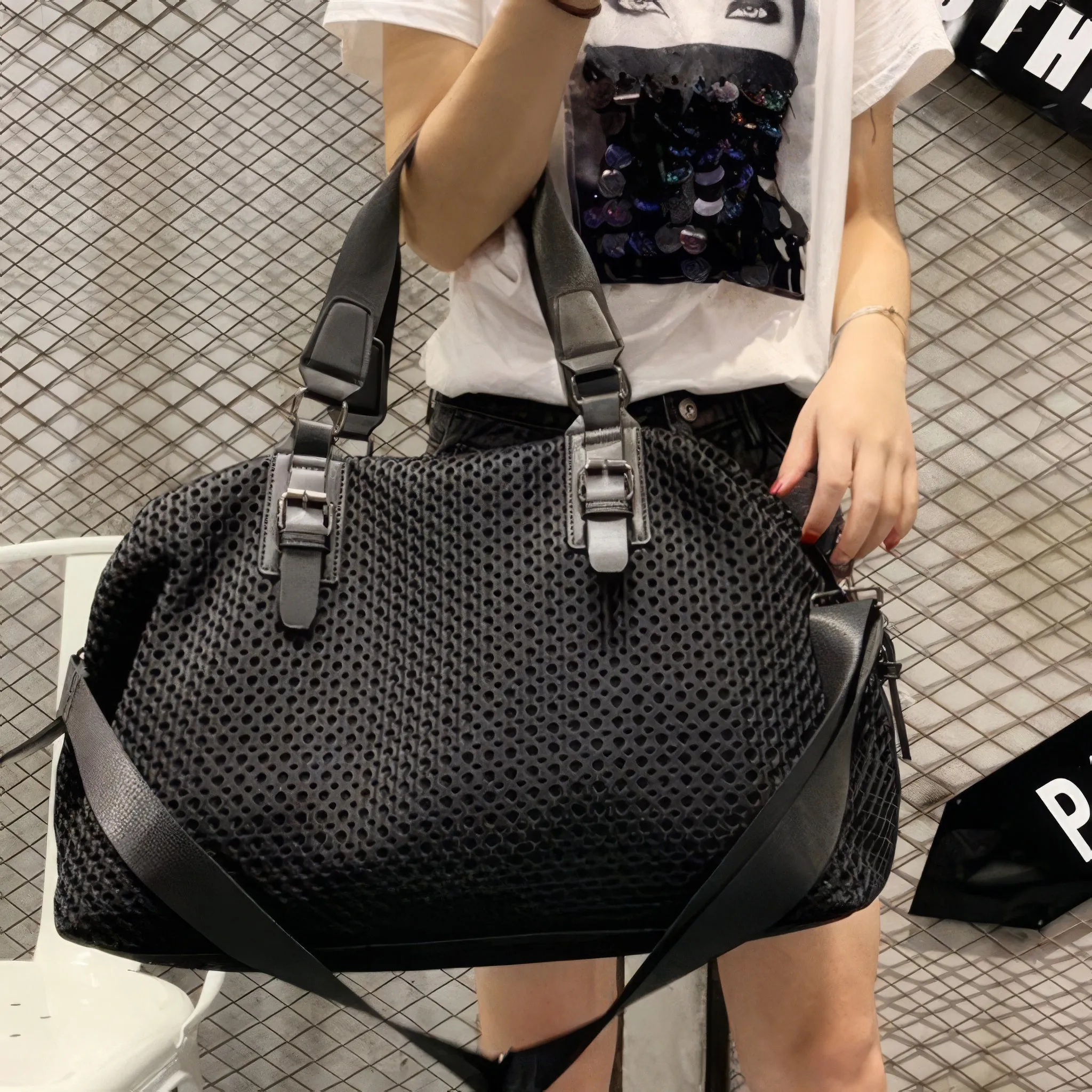 Mesh Panel Dual Strap Travel Duffel Bag