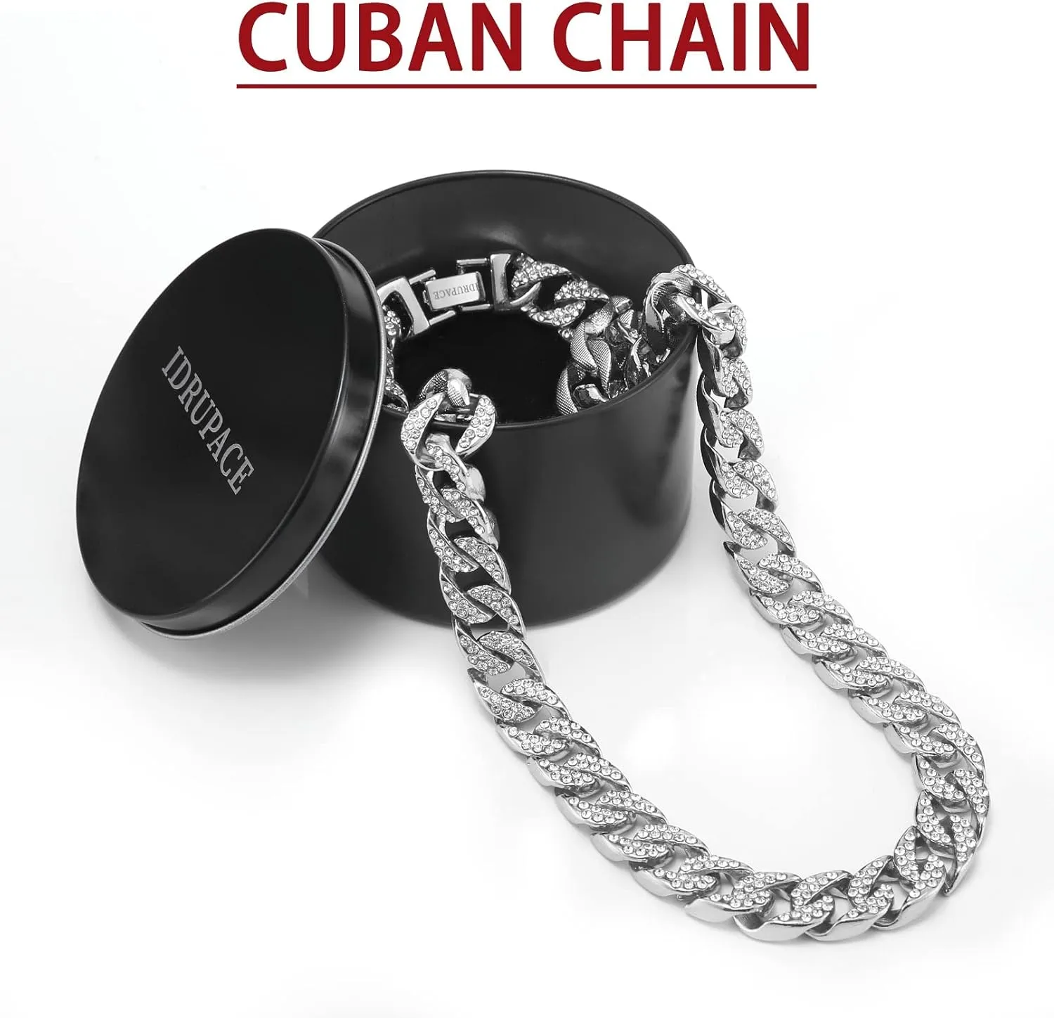 Miami Mens Cuban Link Chain Silver Gold Plated Bling Cuban Necklace Diamond Chain for Men 13MM iced out chain Hip Hop Jewelry，8.5/18/20/24 Inch Length-With metal gift box.