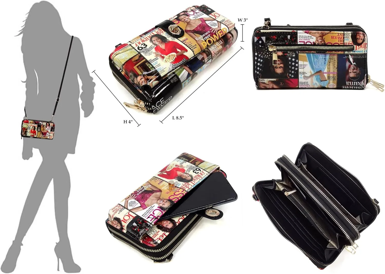 Michelle Obama Magazine Cover Collage Cell Phone Purse Wallet Smartphone Crossbody Wallet Travel Multifunction Phone Case