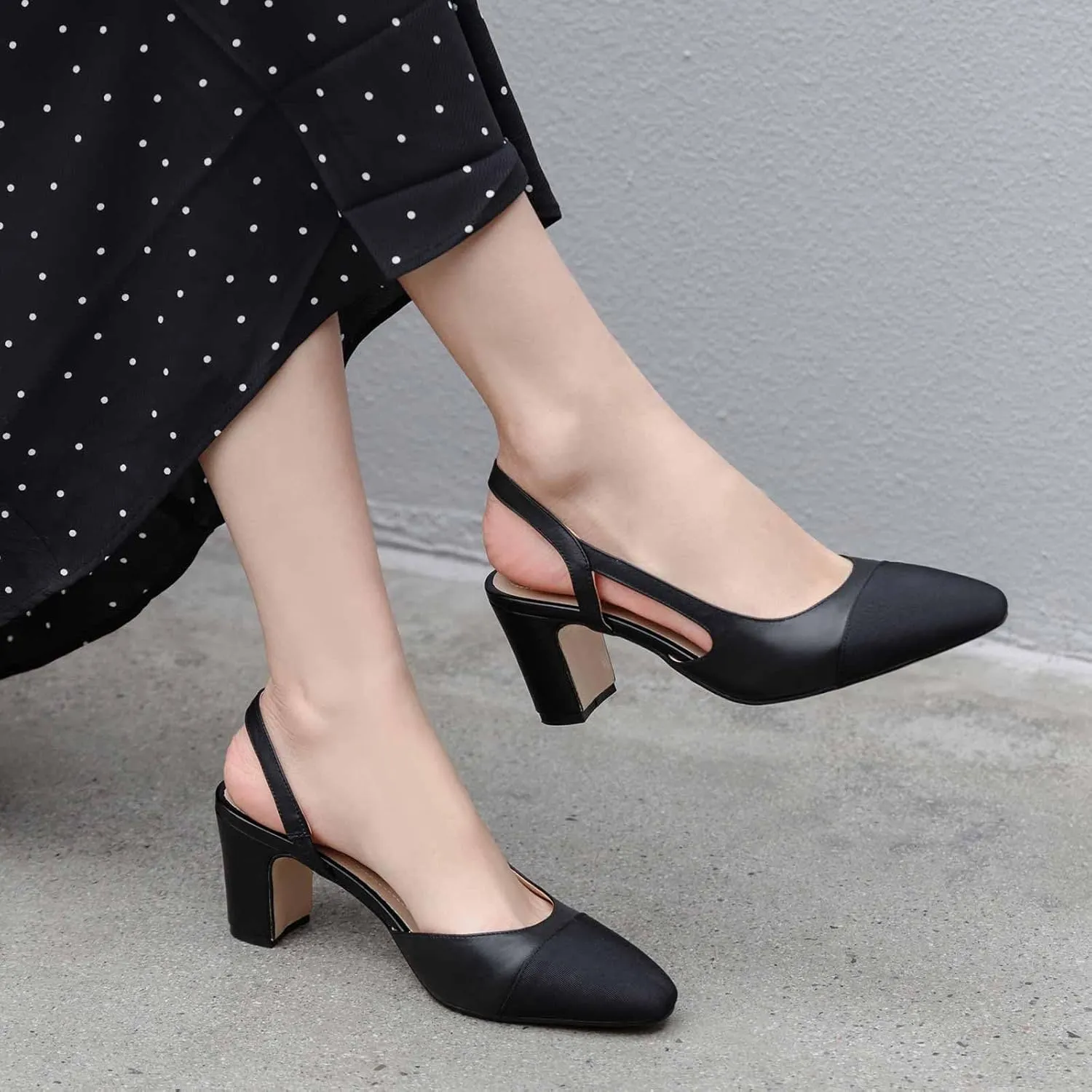MICIFA Slingback Heels for Women，Round Toe Chunky Heeled Pumps Ankle Strap Fashion Splicing Dress Shoes