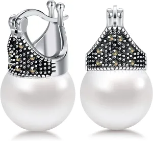 Milacolato Pearl Earrings 18K White Gold Plated 925 Sterling Silver Pearl Earrings Simulated/Glass Pearl Drop Earrings Pearl Dangle Stud Earrings Valentine's Day Mother's Day Love Jewelry Gifts for Women