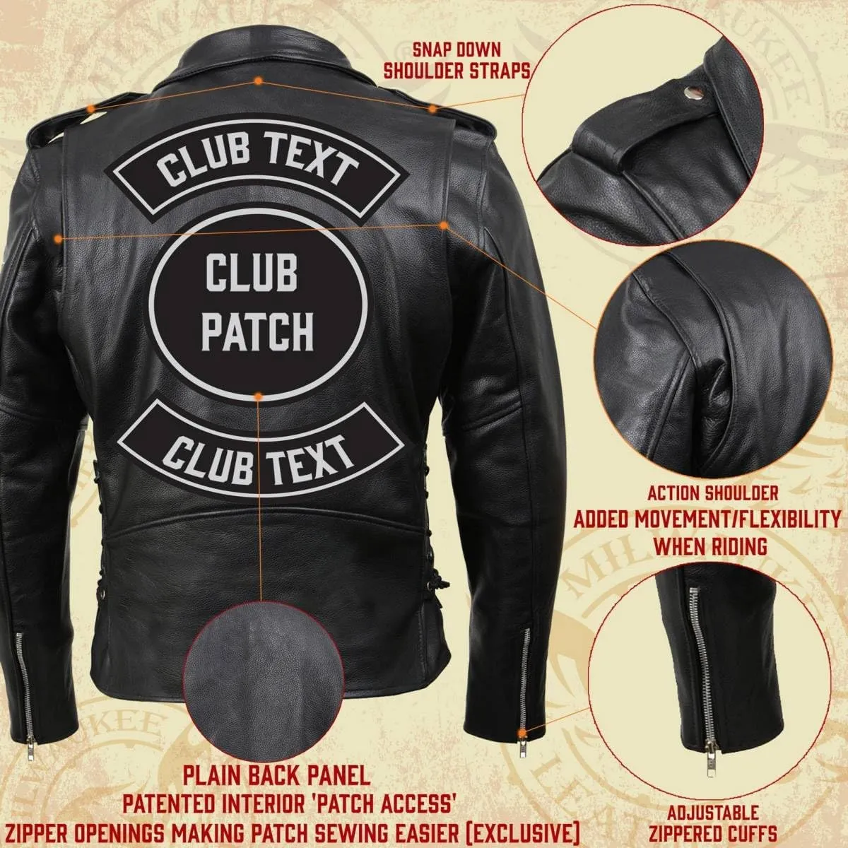 Milwaukee Leather SH1011 Men's Classic Brando Premium Leather Black Motorcycle Riders Leather Jacket w/Side Laces
