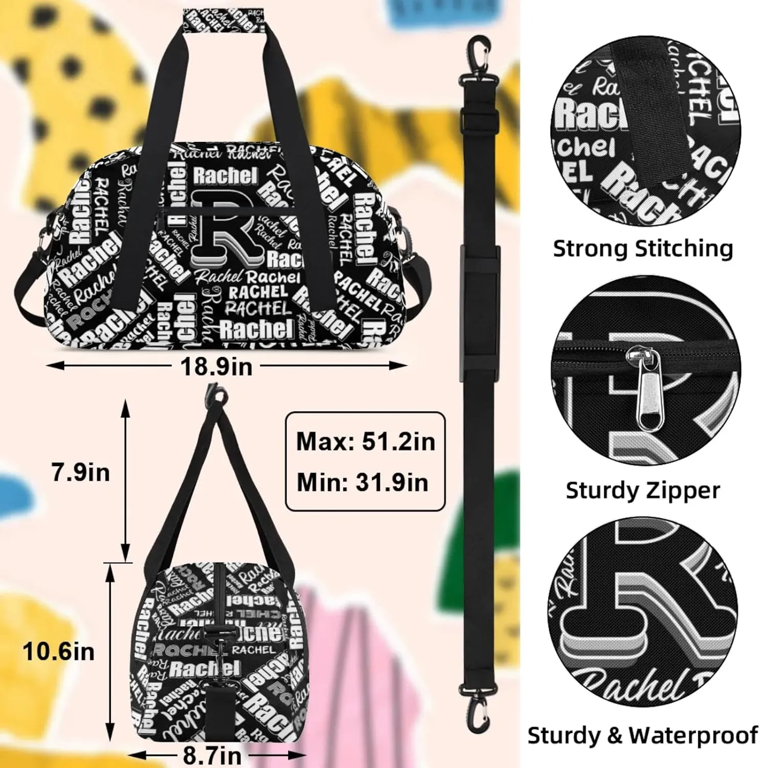 Mini Sports Duffel Bag Waterproof Custom Women Small Gym Bag 18 inch for Men Carry on Overnight Travel Tote Bag Black