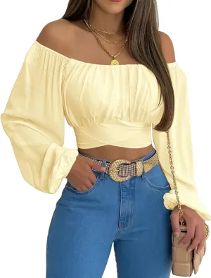 MIRACMODA Woman Off Shoulder Ruched Tie Back Crop Top Summer Lantern Sleeve Boho Shirt Blouse