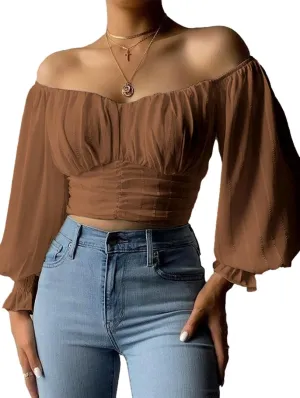 MIRACMODA Womens Elegant Off The Shoulder Puff Sleeve Blouse Summer Chiffon Slim Fit Party Crop Top