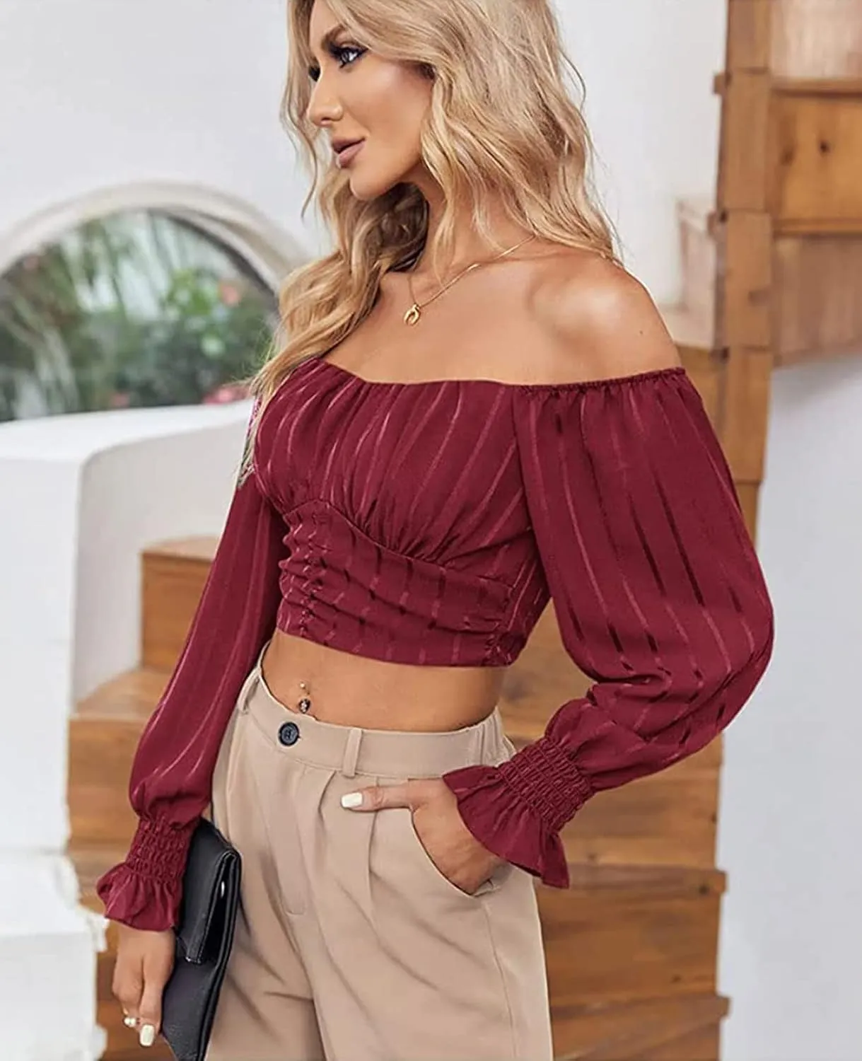 MIRACMODA Womens Elegant Off The Shoulder Puff Sleeve Blouse Summer Chiffon Slim Fit Party Crop Top
