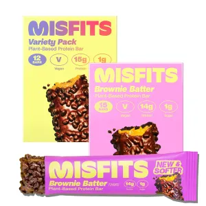 Misfits Vegan Protein Bar Bundle, Plant Based Protein Bars, High Protein 15g Per Bar, Low Sugar, Low Carb, Vegan, High Fiber, Non GMO, Best Sellers Variety and Brownie Batter 15 Packs