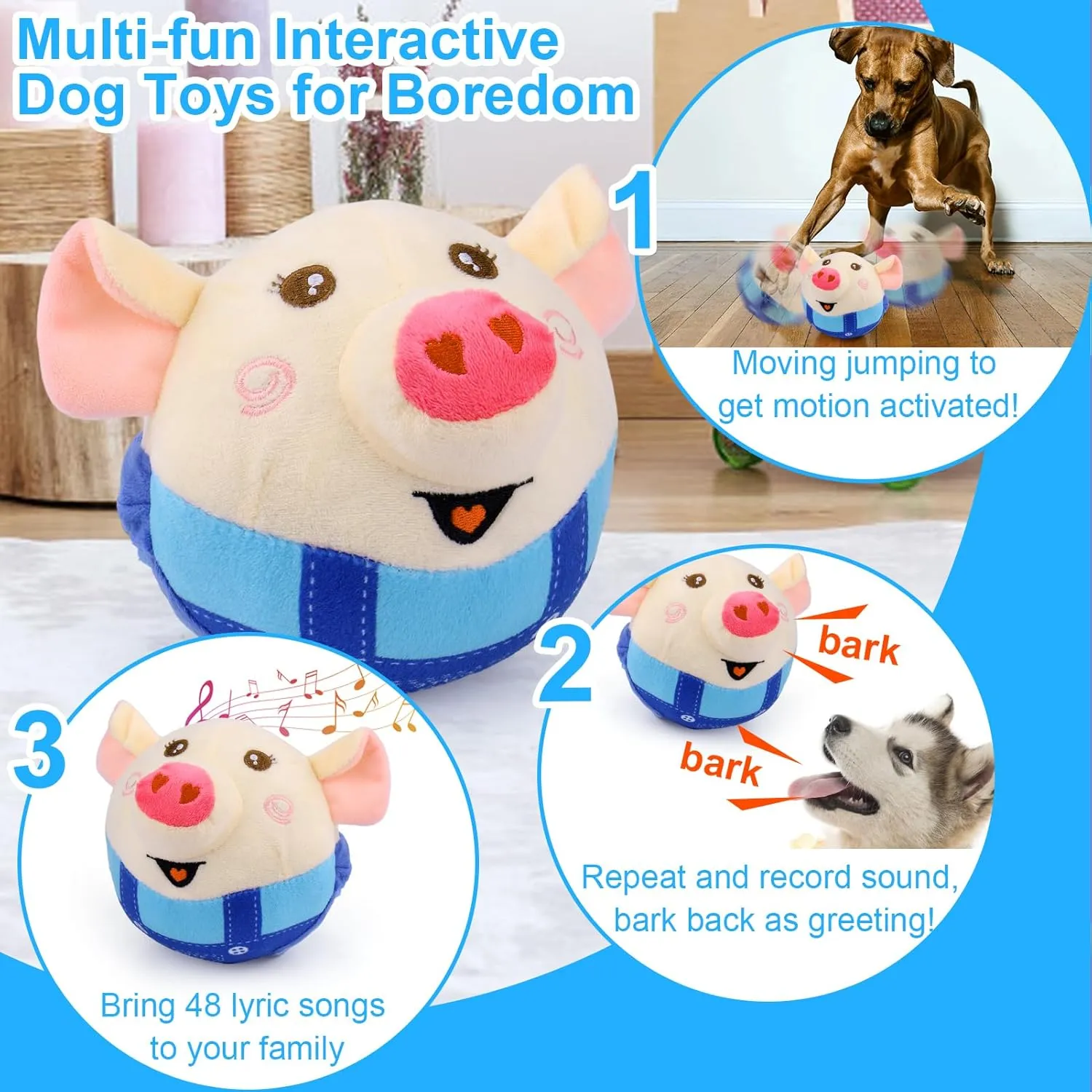 Mity rain Interactive Dog Toys - Bouncing Pig with Music and Recording, Moving Ball for Small/Medium/Large Puppy to Keep Them Busy for Boredom, Smart Motion Activate Pet Toy, Rehargeable