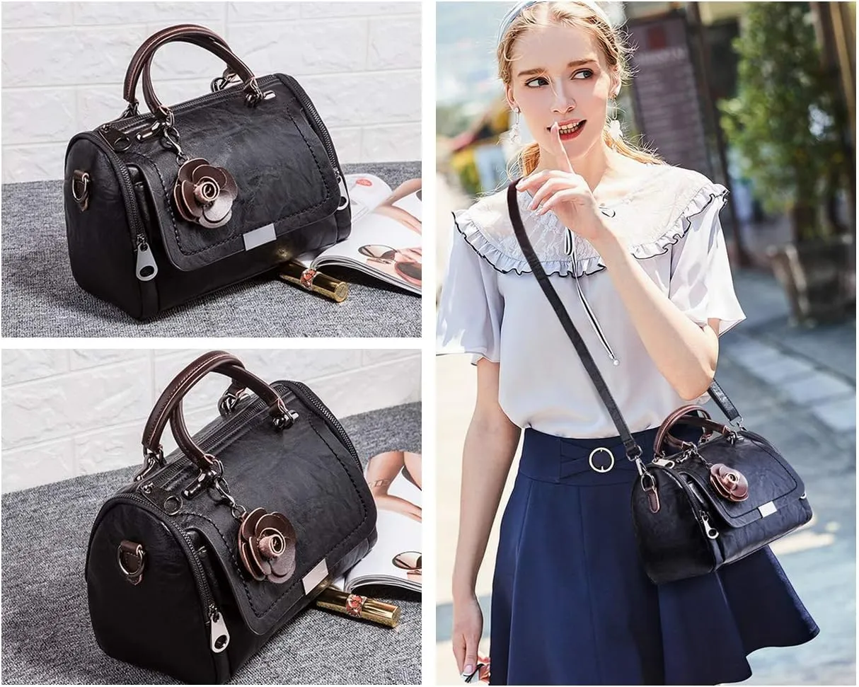 Mn&Sue Women's Cylindrical Doctor Style Handbag - Chic PU Leather Top Handle Satchel, Crossbody Purse for Ladies