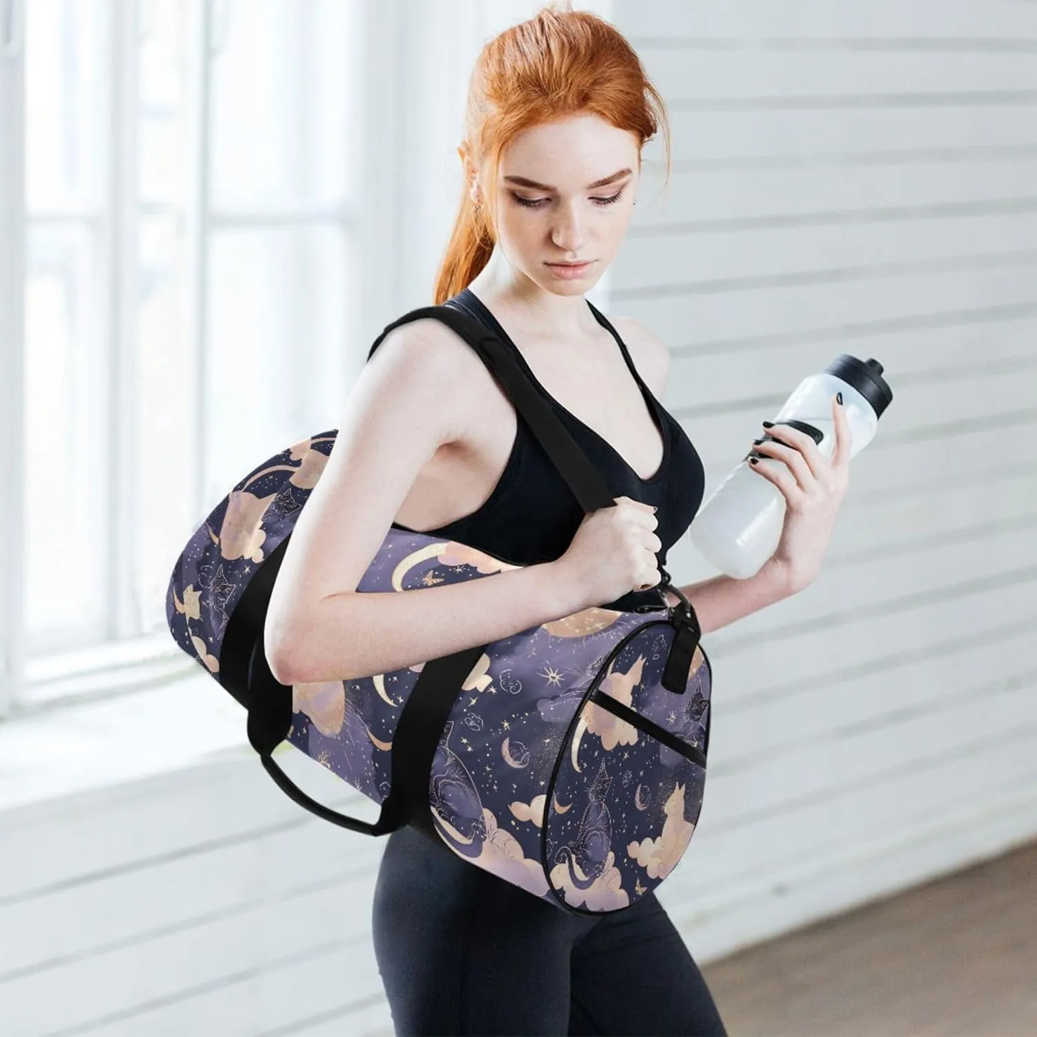 MNSRUU Sports Duffel Bags, Cat Moon Athletic Gym Bag Overnight Workout Travel Tote Luggage for Men Women Yoga