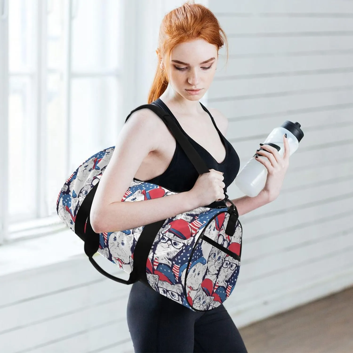 MNSRUU Sports Duffel Bags, Flag Cat Athletic Gym Bag Overnight Workout Travel Tote Luggage for Men Women Yoga