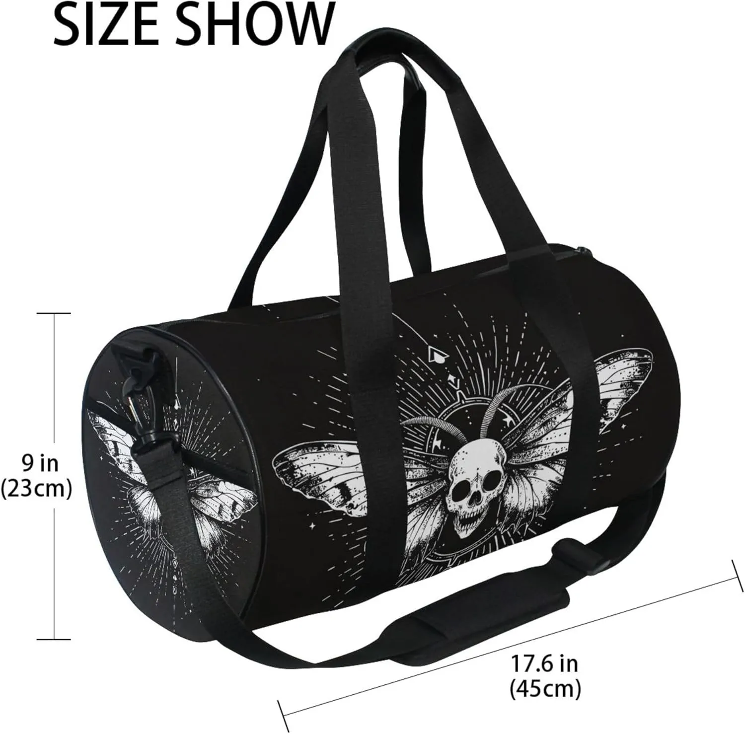 MNSRUU Sports Duffel Bags, Gothic Skull and Moth Athletic Gym Bag Overnight Workout Travel Tote Luggage for Men Women Yoga