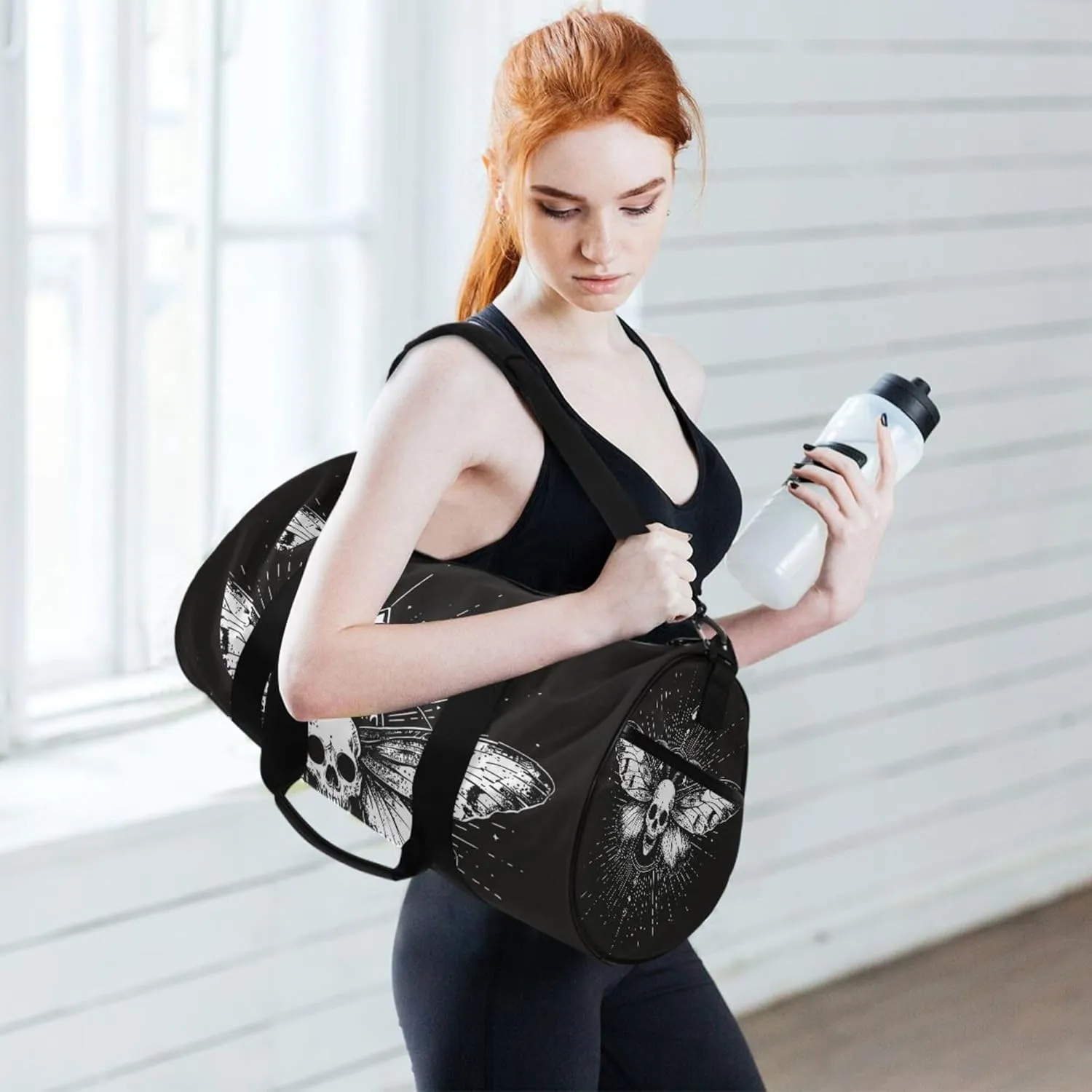 MNSRUU Sports Duffel Bags, Gothic Skull and Moth Athletic Gym Bag Overnight Workout Travel Tote Luggage for Men Women Yoga