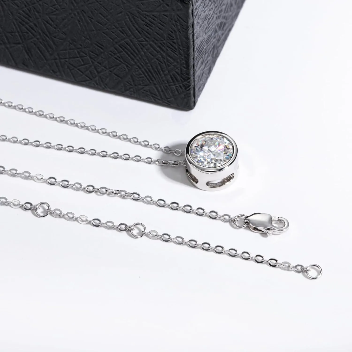 Moissanite 0.5-3ct Necklaces, 18K White Gold Plated 925 Sterling SilverBezel Set Round Cut D Color VVS1 Lab Created Diamond Pendant Necklace for Women Men, 16" with 2" Extender