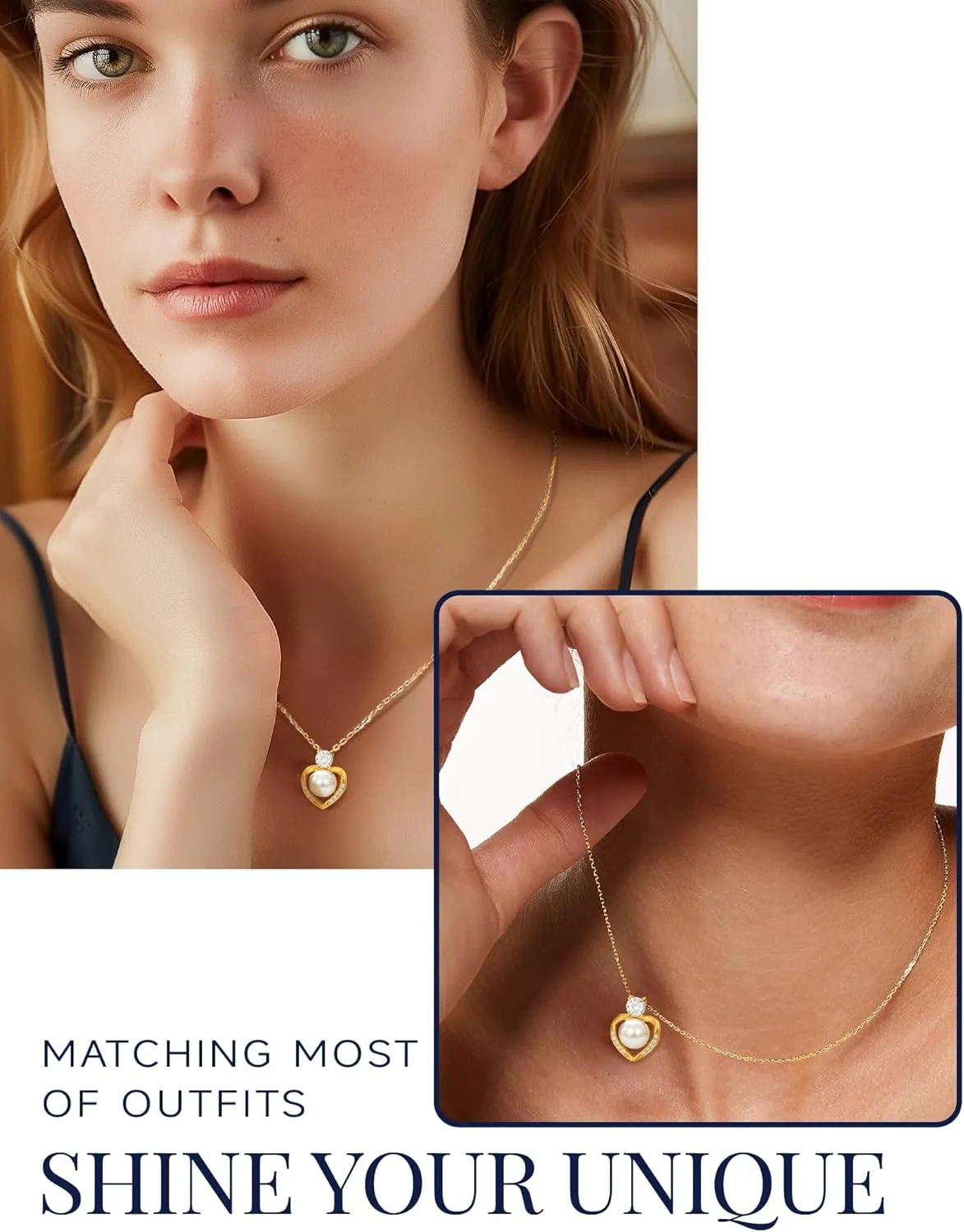 MomentWish Anniversary Birthday Gift for Her, Pearl Necklace for Women, Moissanite Necklace for Women, Freshwater Cultured Pearls Pendant, 14K Gold Plated 925 Sterling Silver Necklace