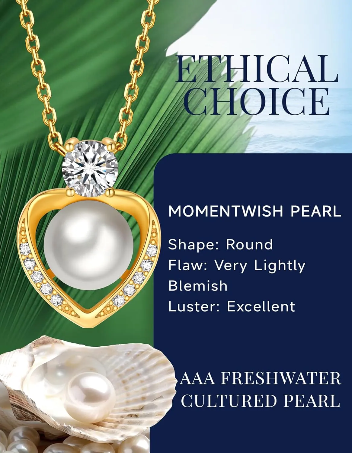 MomentWish Anniversary Birthday Gift for Her, Pearl Necklace for Women, Moissanite Necklace for Women, Freshwater Cultured Pearls Pendant, 14K Gold Plated 925 Sterling Silver Necklace