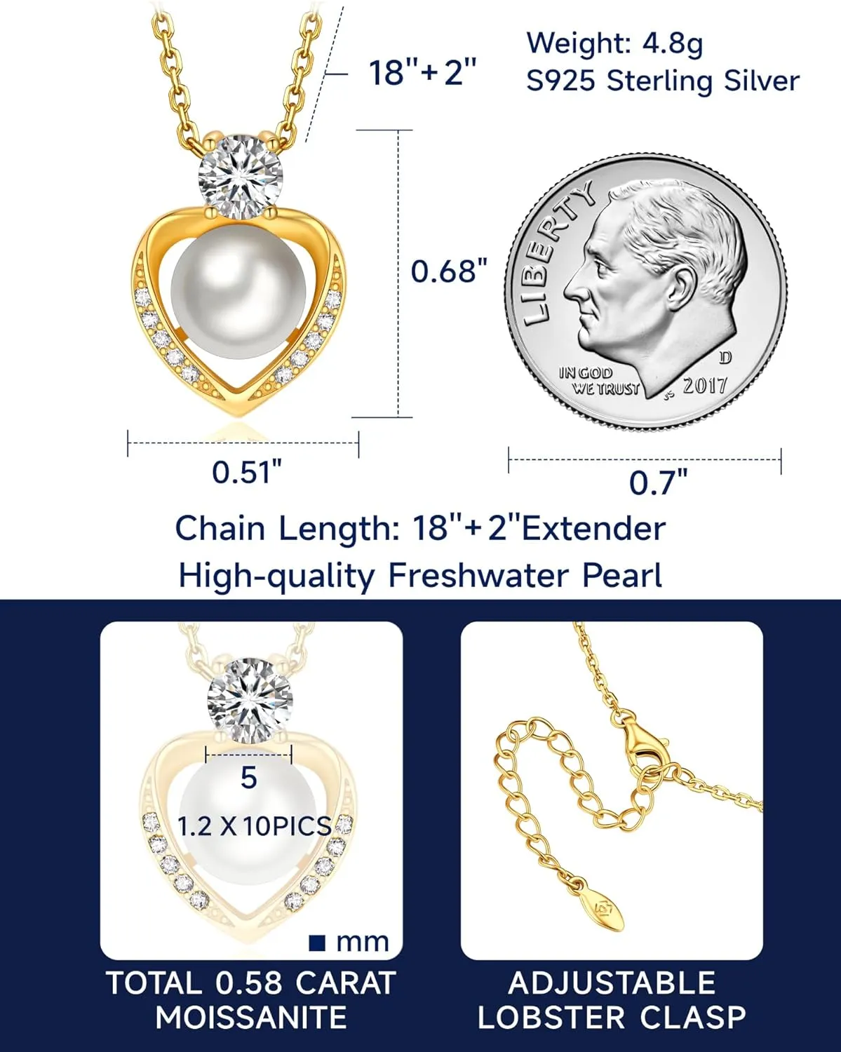 MomentWish Anniversary Birthday Gift for Her, Pearl Necklace for Women, Moissanite Necklace for Women, Freshwater Cultured Pearls Pendant, 14K Gold Plated 925 Sterling Silver Necklace
