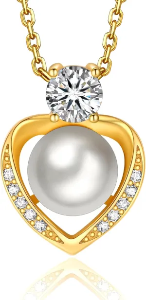 MomentWish Anniversary Birthday Gift for Her, Pearl Necklace for Women, Moissanite Necklace for Women, Freshwater Cultured Pearls Pendant, 14K Gold Plated 925 Sterling Silver Necklace