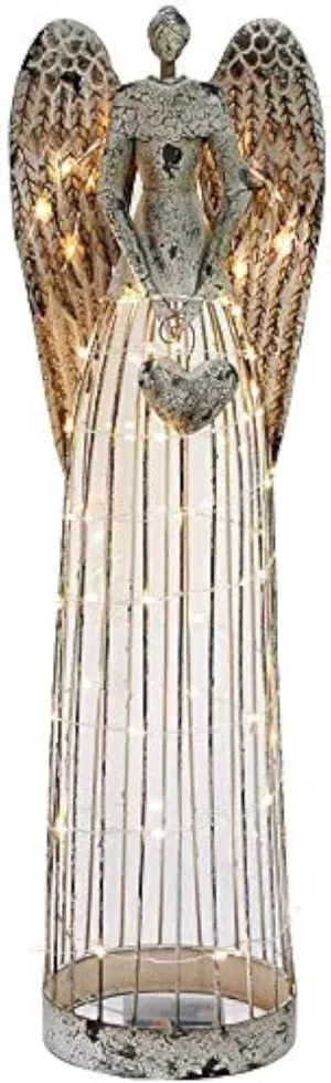 Morning View Vintage Metal Angel Garden Statue with Heart Handbag for Indoor Outdoor Yard Lawn Patio Art Decor with LED Lights String(Style B)