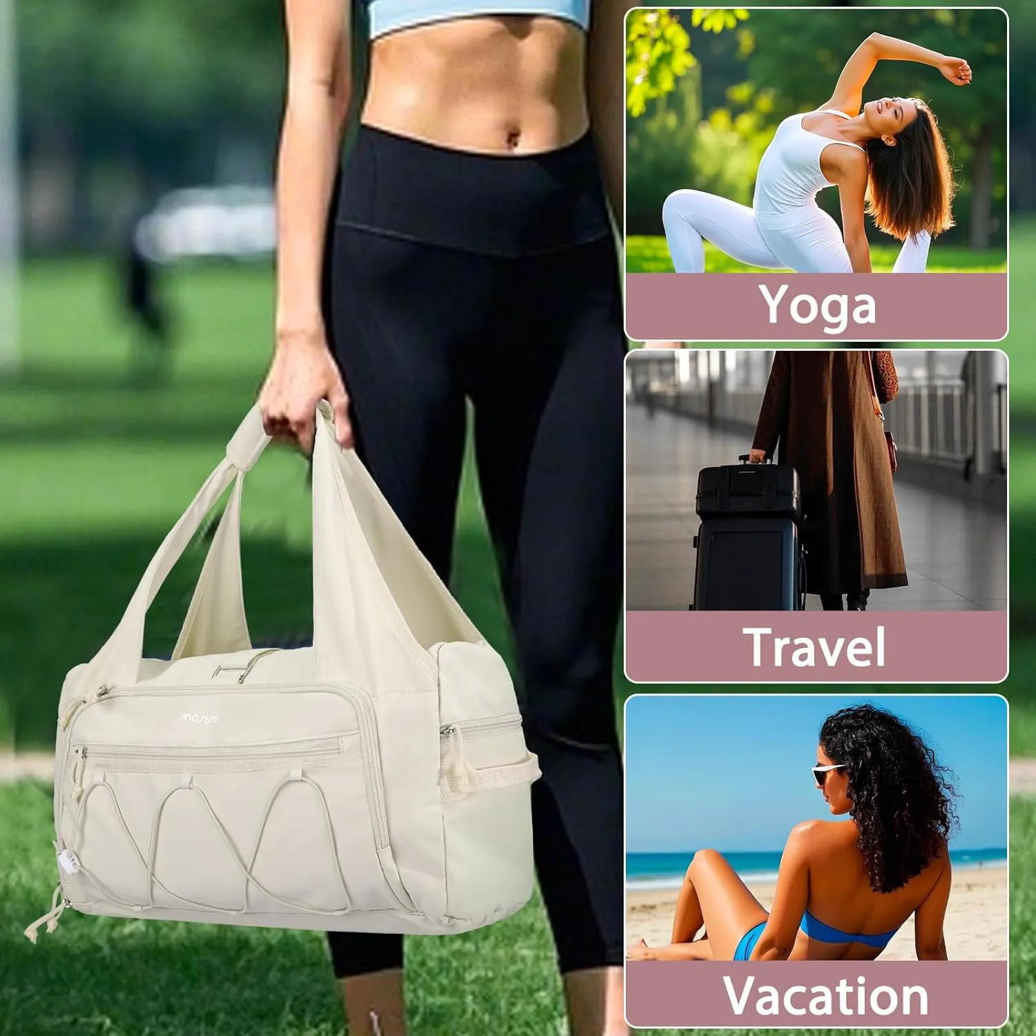 MOSISO Gym Bag for Women, Travel Duffle Weekender Overnight Workout Carry on Small Tote Sport Gym Duffle Bag with Shoe Compartment&Wet Pocket&Water Bottle Holder for Fitness, Yoga, Weekend, Beige