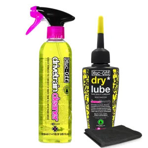 Muc-Off Bio Drivetrain Cleaner 500ml & Bio Dry Chain Lube 120ml Bundle with Microfiber Cloth | Biodegradable Drivetrain Cleaning & Lubrication Kit | Ideal for Dry, Dusty Conditions