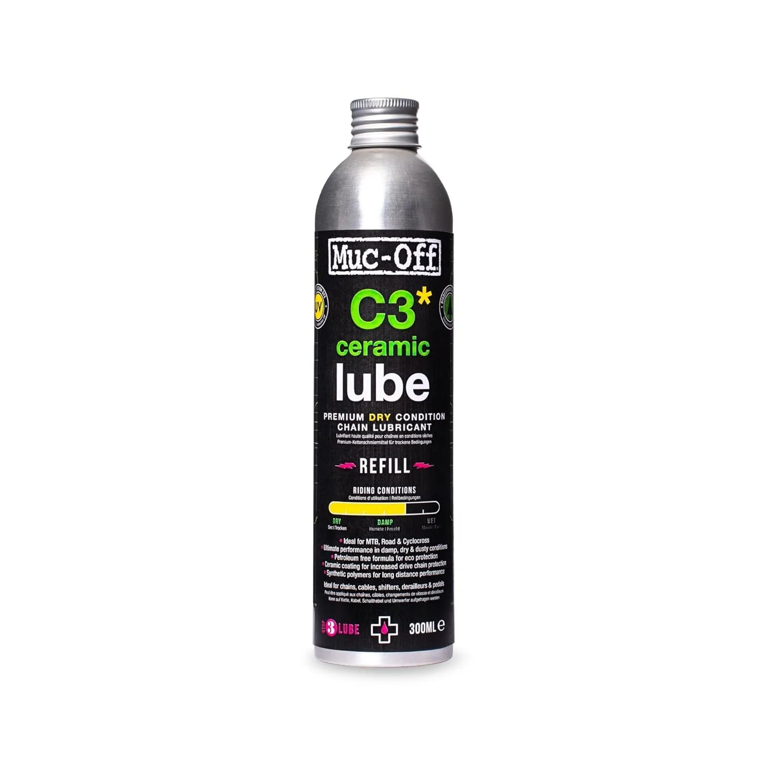 Muc-Off C3 Dry Chain Lube, 10.14 fl oz - Ceramic Bike Lube Refill, Bike Chain Oil, Chain Wax for Wet Weather Conditions - Bike Lubricant and Bicycle Chain Oil
