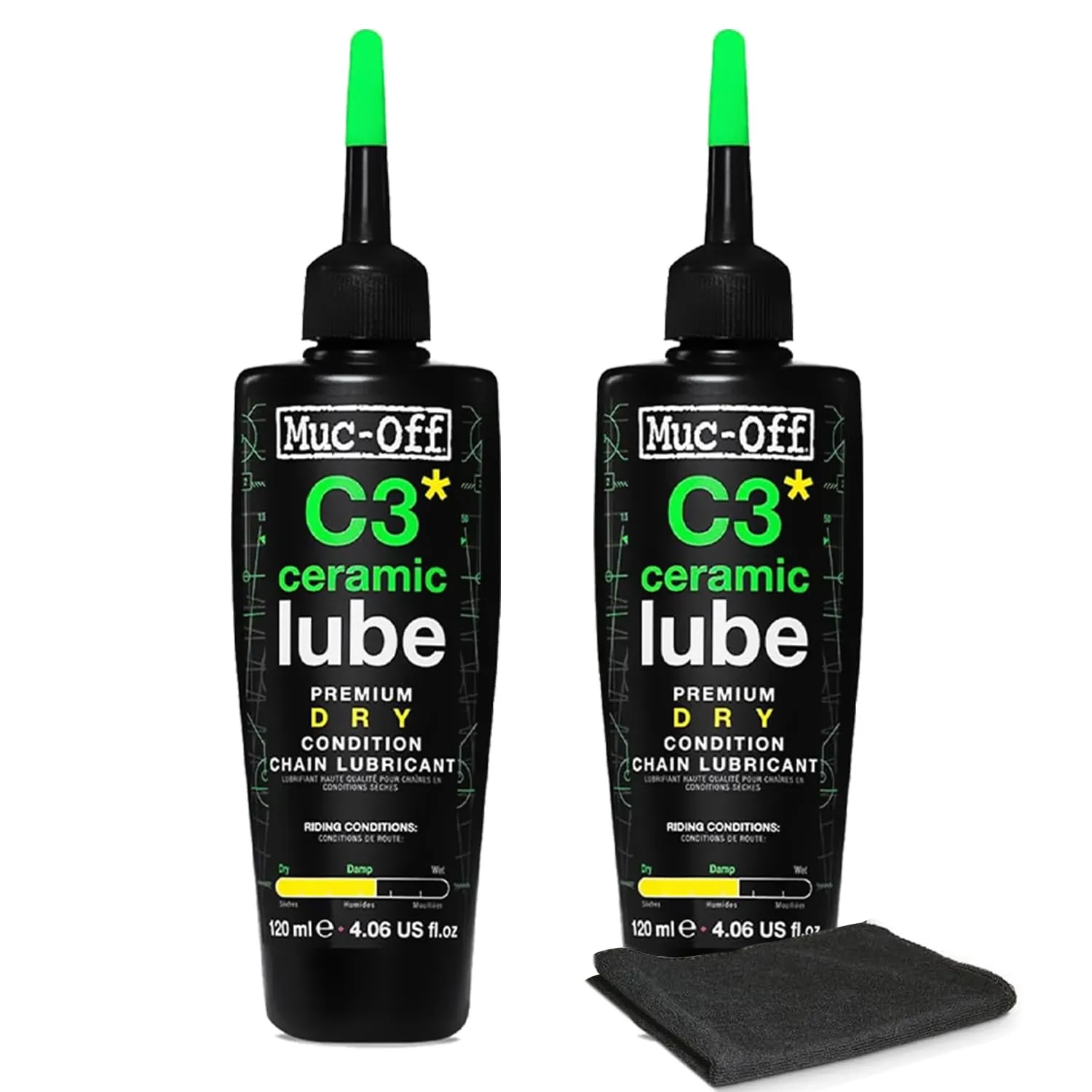 Muc-Off C3 Dry Weather Ceramic Lube 120ml (Pack of 2) with Microfiber Cloth | Premium Chain Lubricant for Dry, Dusty & Damp Conditions | Ceramic Protection with UV Dye
