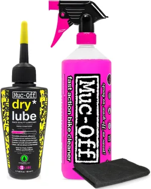 Muc-Off Nano Tech Bike Cleaner 1 liter & Bio Dry Chain Lube 120ml Bundle with Microfiber Towel | Ultimate Bike Cleaning & Lubrication Kit | Safe on All Surfaces | Wax-Based Lube for Dry Conditions