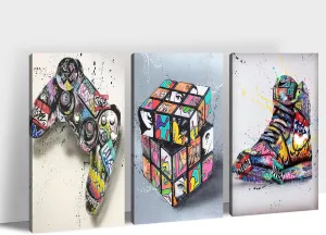 Multi Panel Graffiti Canvas Wall Art - 3 Piece Graffiti Pop Street Art Canvas Prints for Wall Decor, Cool Framed Artwork for Boys Bedroom Man Cave Ready to Hang 16x24 Inches x 3Panel