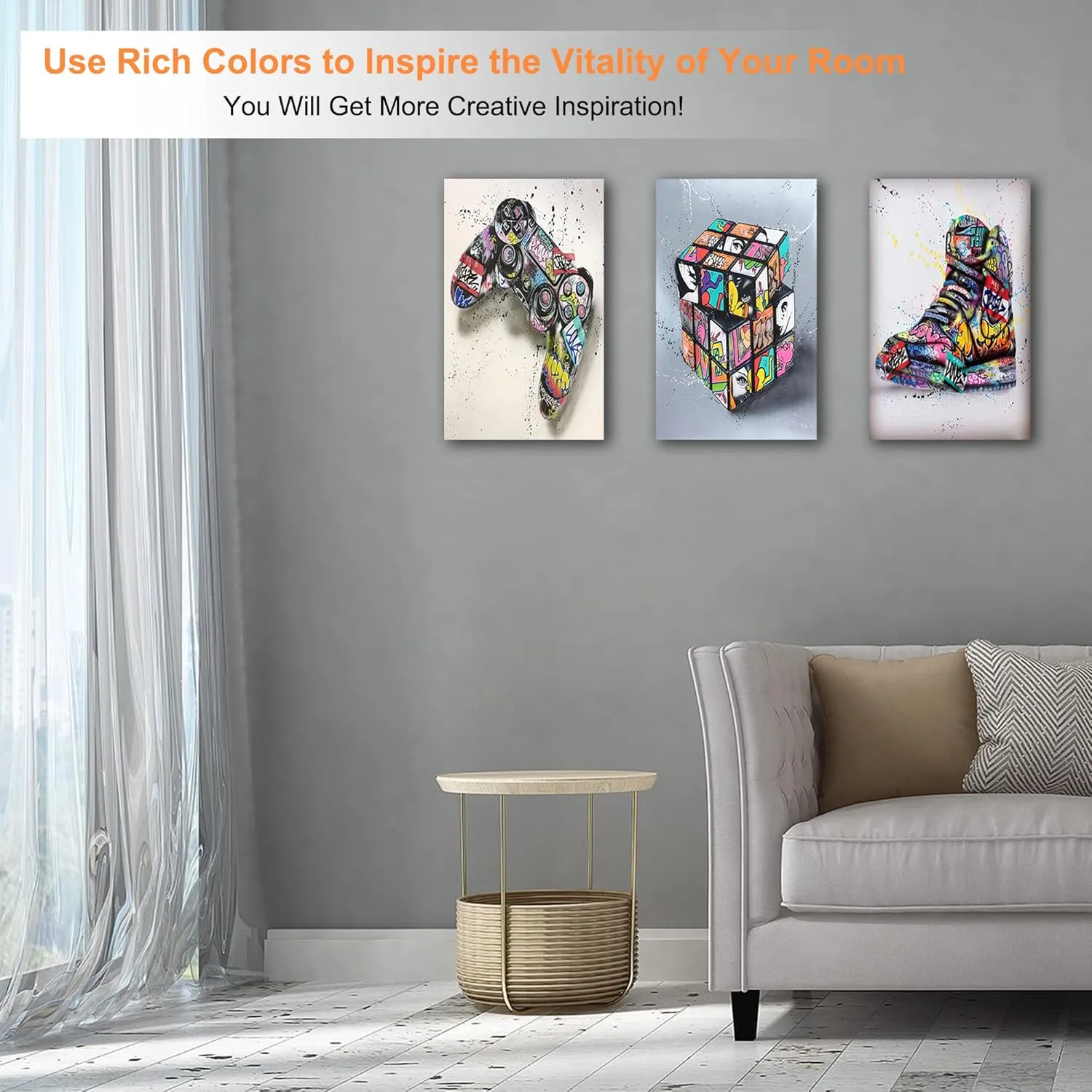 Multi Panel Graffiti Canvas Wall Art - 3 Piece Graffiti Pop Street Art Canvas Prints for Wall Decor, Cool Framed Artwork for Boys Bedroom Man Cave Ready to Hang 16x24 Inches x 3Panel