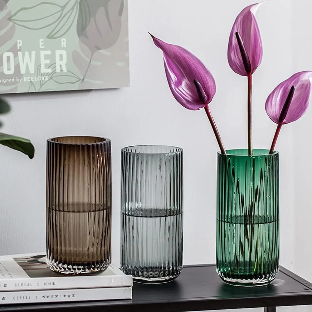 Muyan 7.5" Flower Vase for Decor Ribbed Glass Vase Modern for Centerpieces Desktop Home Office Dining Living Room Wedding (Amber)