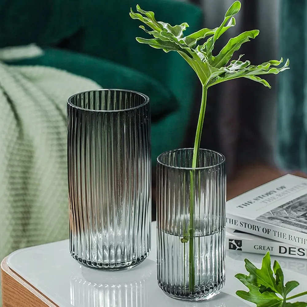 Muyan 7.5" Flower Vase for Decor Ribbed Glass Vase Modern for Centerpieces Desktop Home Office Dining Living Room Wedding (Gray)