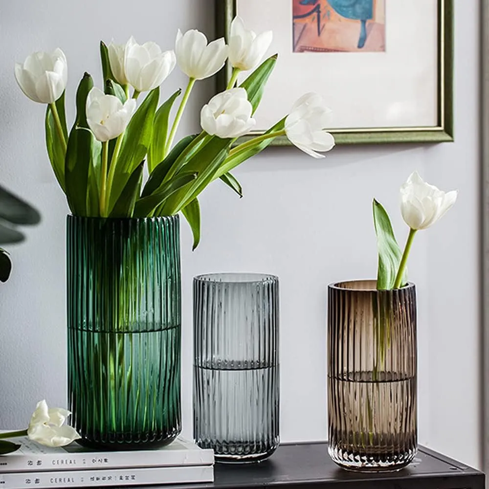 Muyan 7.5" Flower Vase for Decor Ribbed Glass Vase Modern for Centerpieces Desktop Home Office Dining Living Room Wedding (Gray)