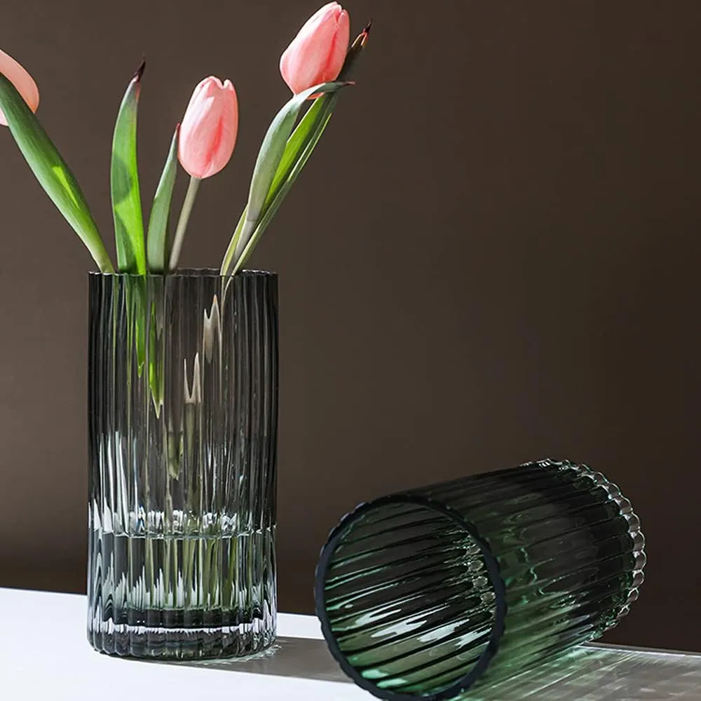 Muyan 7.5" Flower Vase for Decor Ribbed Glass Vase Modern for Centerpieces Desktop Home Office Dining Living Room Wedding (Gray)
