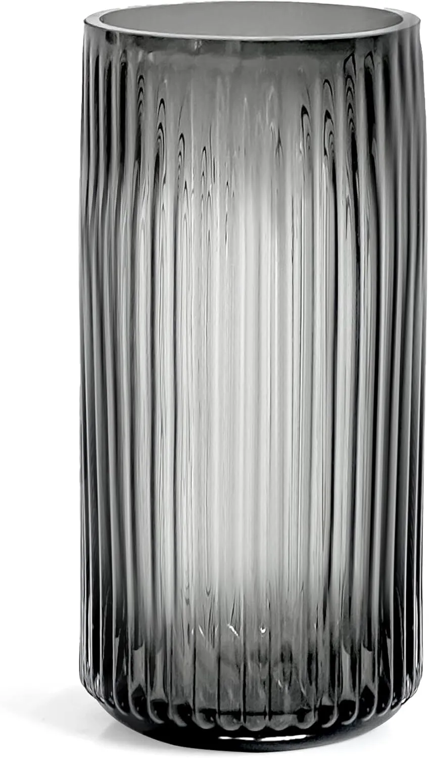 Muyan 7.5" Flower Vase for Decor Ribbed Glass Vase Modern for Centerpieces Desktop Home Office Dining Living Room Wedding (Gray)