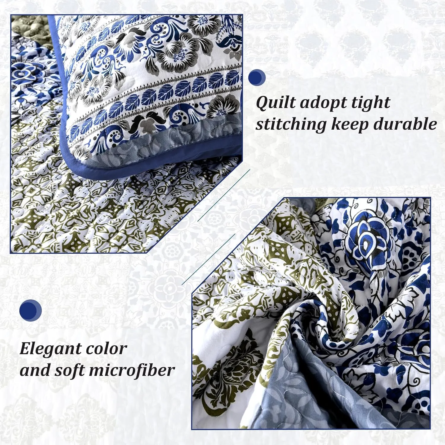 Mybedsoul Blue Quilt Set King Size 3 Pieces Boho Plaid Aqua Blue Floral Bedspread Set Microfiber Lightweight Bohemian Bedding Set for All Season (1 Quilt   2 Pillow Shams) 90"x104"