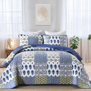 Mybedsoul Blue Quilt Set King Size 3 Pieces Boho Plaid Aqua Blue Floral Bedspread Set Microfiber Lightweight Bohemian Bedding Set for All Season (1 Quilt   2 Pillow Shams) 90"x104"