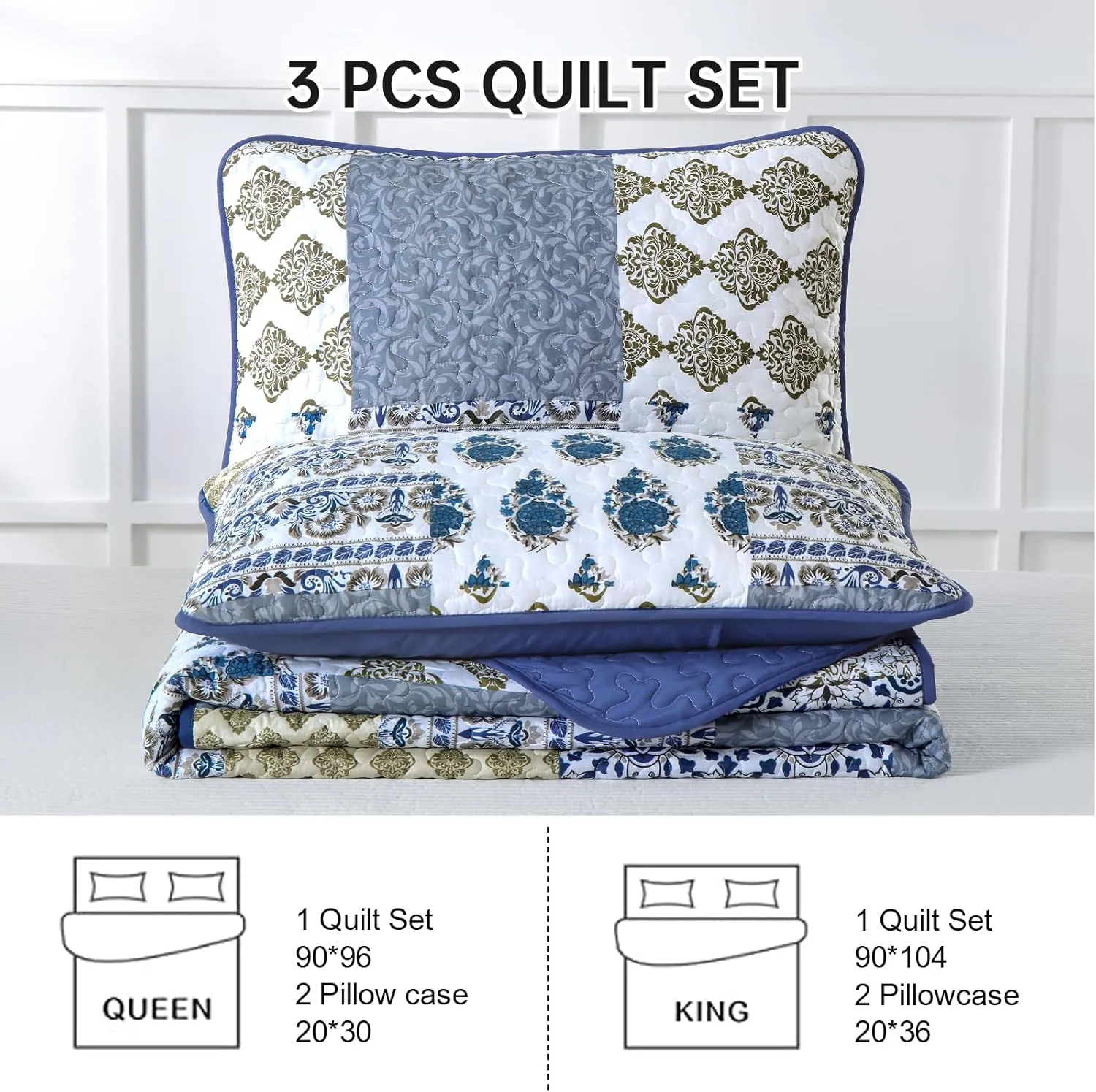 Mybedsoul Blue Quilt Set King Size 3 Pieces Boho Plaid Aqua Blue Floral Bedspread Set Microfiber Lightweight Bohemian Bedding Set for All Season (1 Quilt   2 Pillow Shams) 90"x104"