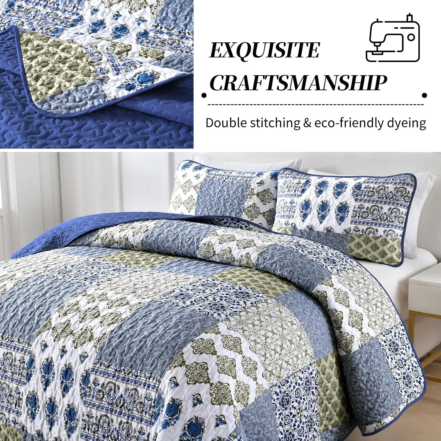 Mybedsoul Blue Quilt Set King Size 3 Pieces Boho Plaid Aqua Blue Floral Bedspread Set Microfiber Lightweight Bohemian Bedding Set for All Season (1 Quilt   2 Pillow Shams) 90"x104"
