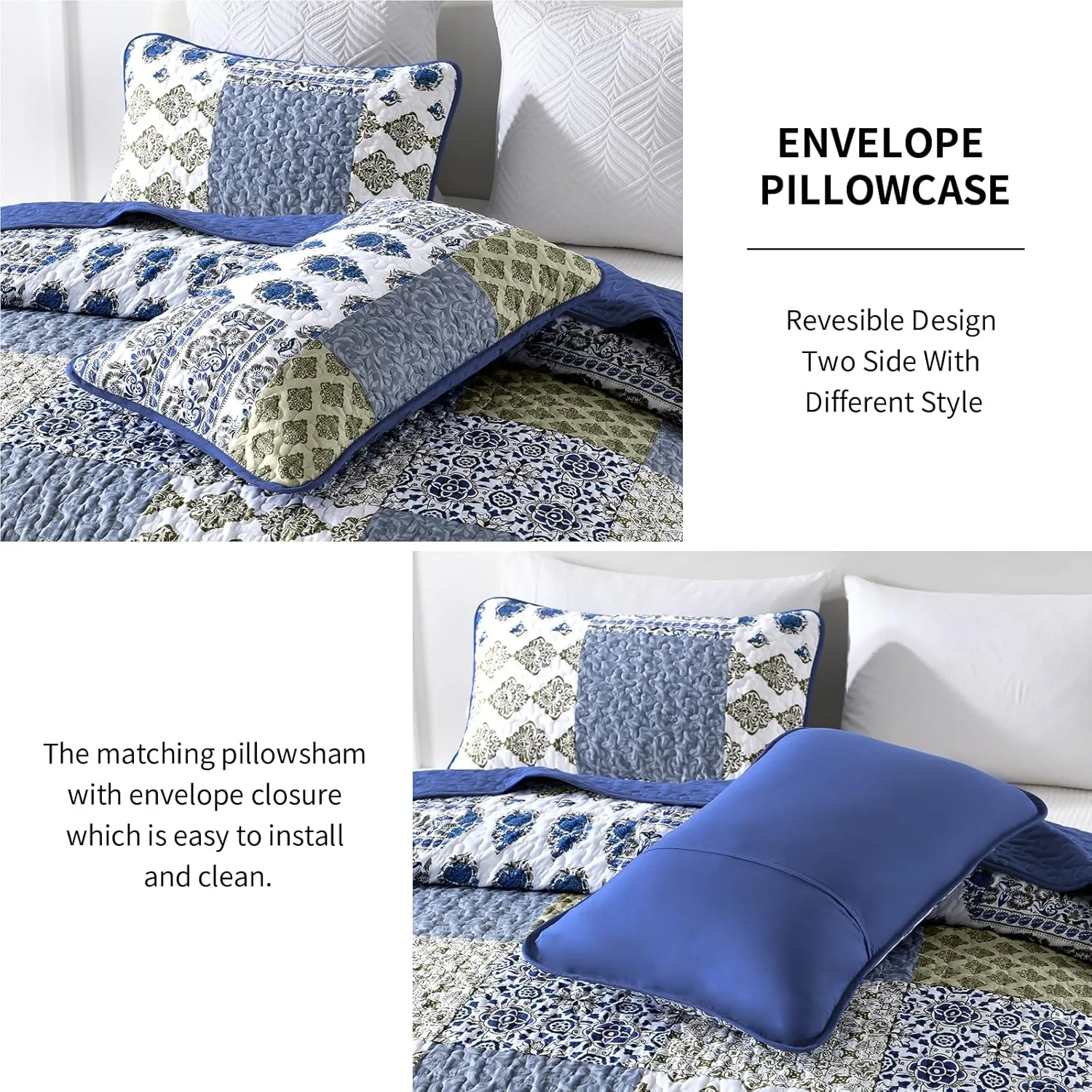 Mybedsoul Blue Quilt Set King Size 3 Pieces Boho Plaid Aqua Blue Floral Bedspread Set Microfiber Lightweight Bohemian Bedding Set for All Season (1 Quilt   2 Pillow Shams) 90"x104"