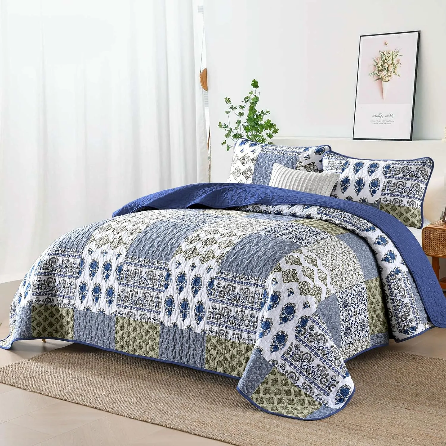 Mybedsoul Blue Quilt Set King Size 3 Pieces Boho Plaid Aqua Blue Floral Bedspread Set Microfiber Lightweight Bohemian Bedding Set for All Season (1 Quilt   2 Pillow Shams) 90"x104"