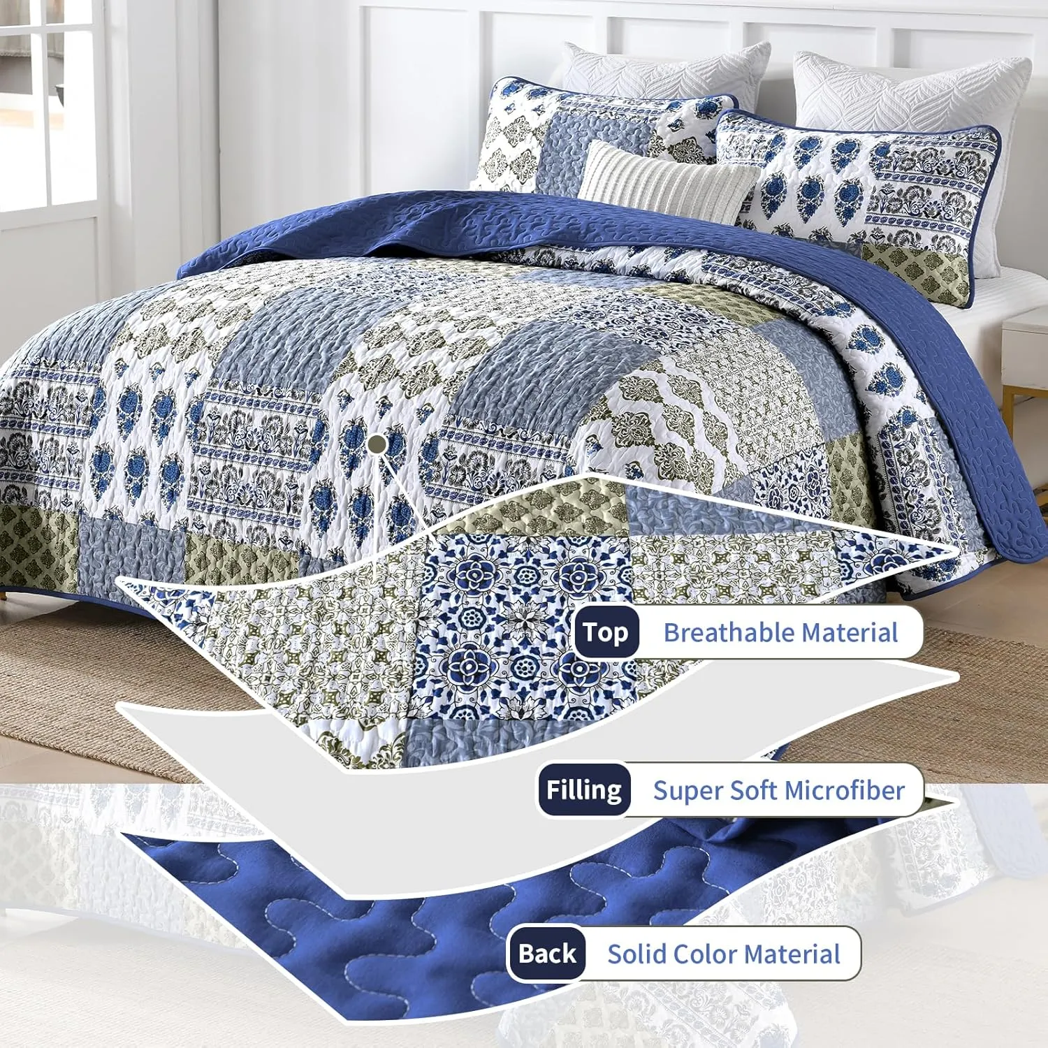 Mybedsoul Blue Quilt Set King Size 3 Pieces Boho Plaid Aqua Blue Floral Bedspread Set Microfiber Lightweight Bohemian Bedding Set for All Season (1 Quilt   2 Pillow Shams) 90"x104"